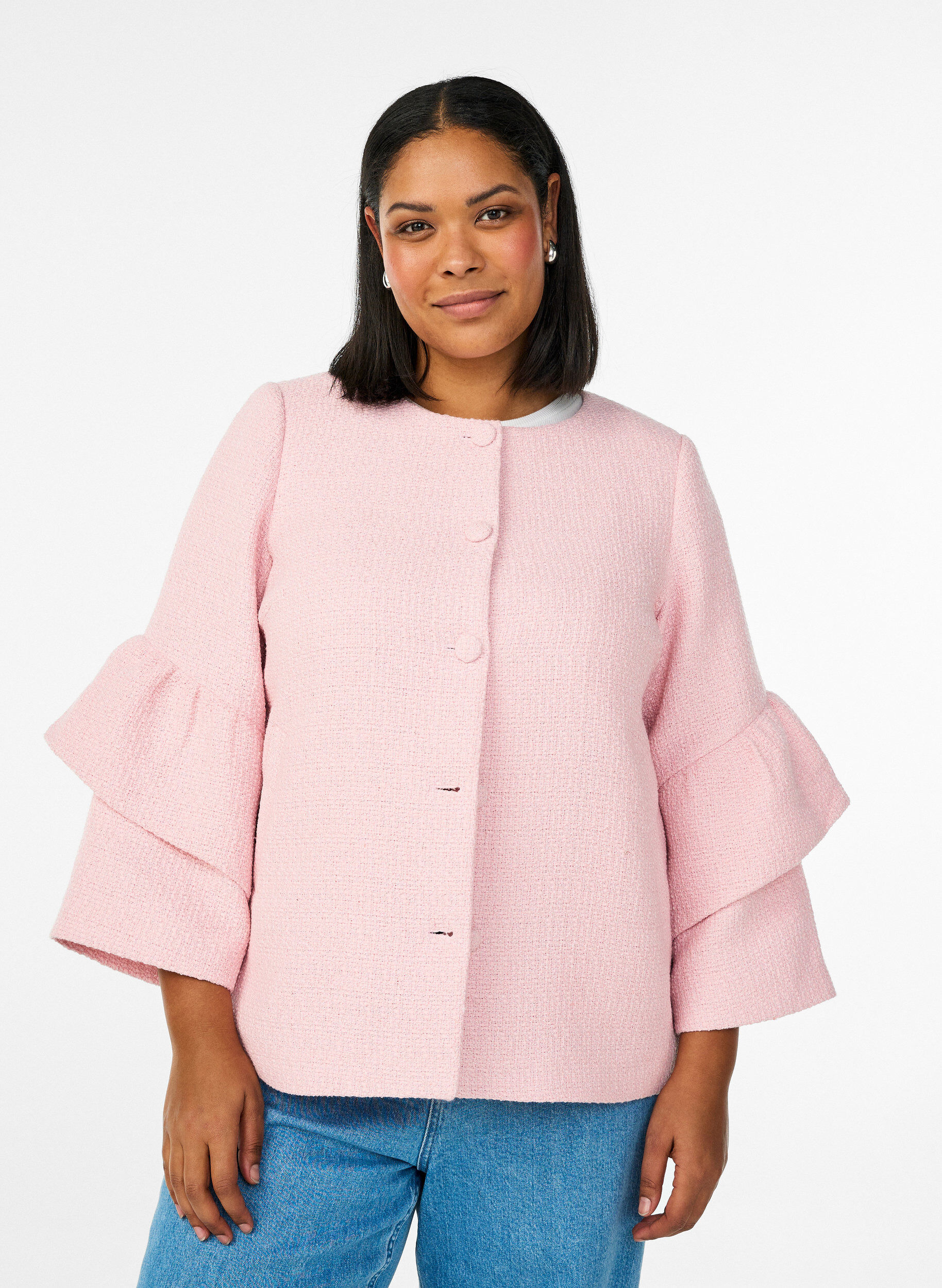 ZizziBoucl&eacute;jakke med fl&aelig;sedetaljer, Lyser&oslash;d, Model image number 0