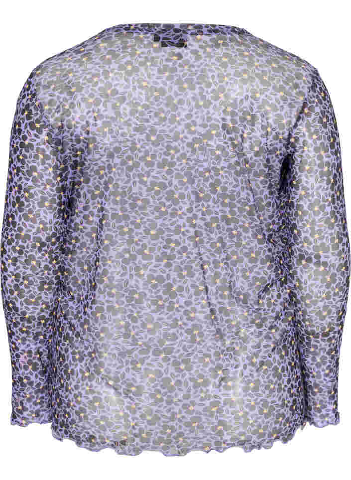 Tætsiddende mesh bluse med blomstermønster, Purple AOP, Packshot image number 1