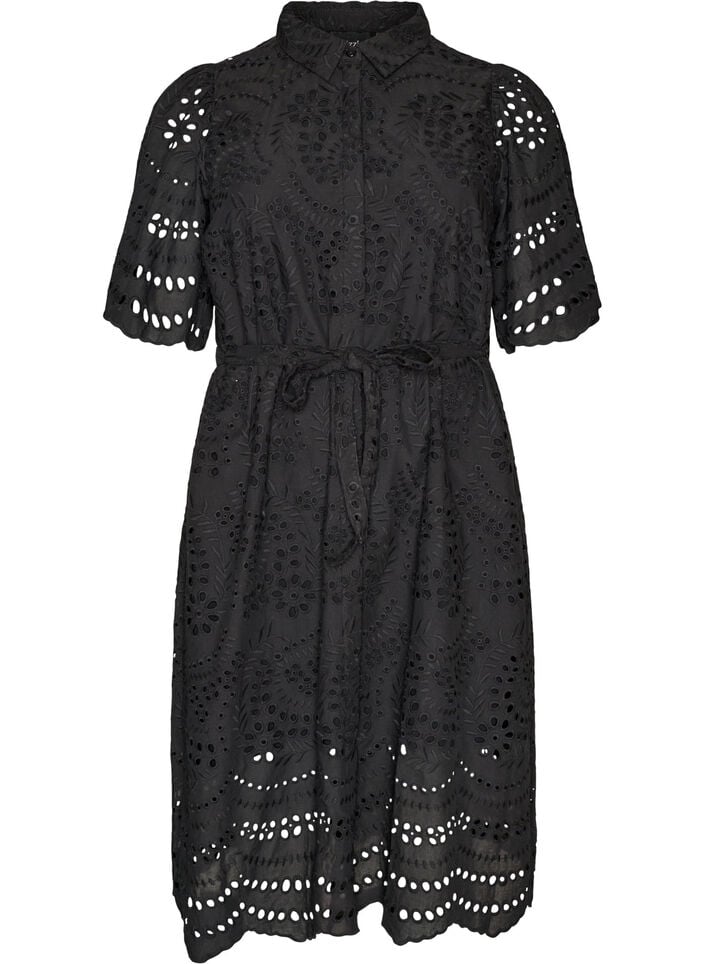Skjortekjole i broderie anglaise med bindeb&aelig;lte, Sort, Packshot image number 0