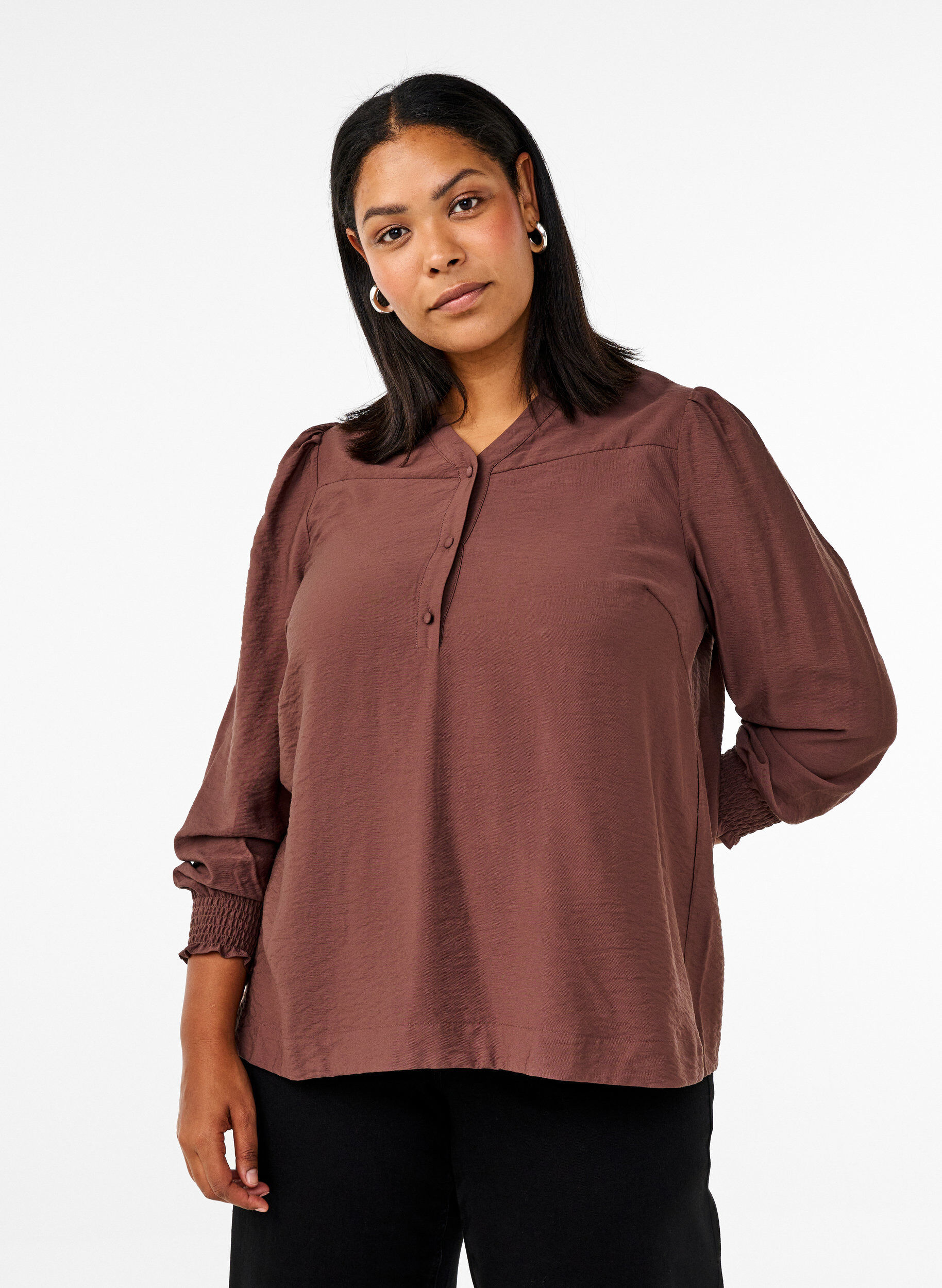 Zizzi Bluse med fl&aelig;sekrave, Brun, Model image number 0