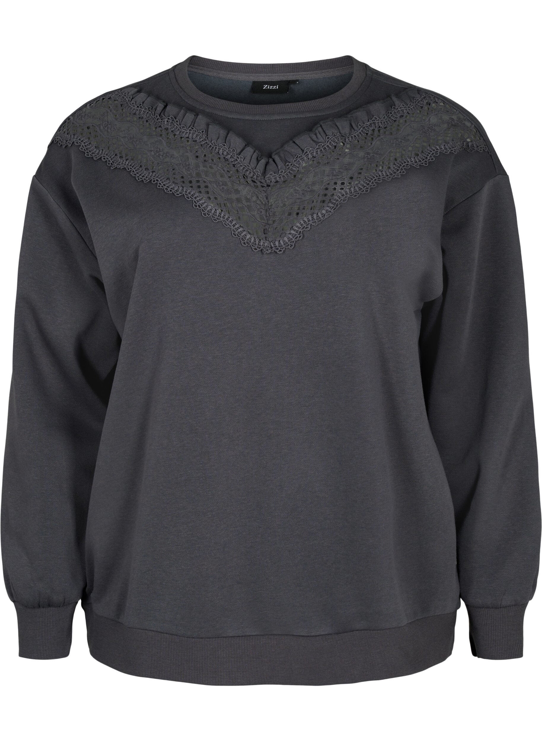 Zizzi Sweatshirt med fl&aelig;se og crochet detalje, Dark Grey, Packshot image number 0