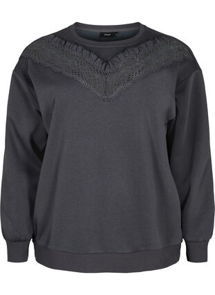 Sweatshirt med flæse og crochet detalje, Dark Grey, Packshot image number 0
