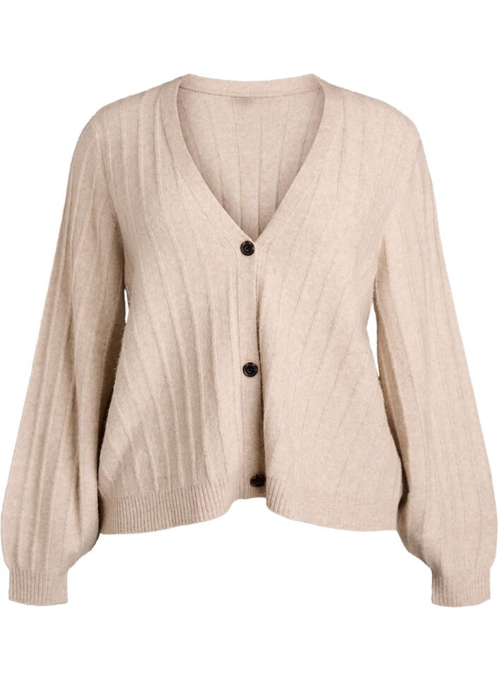 Cardigan med ribstruktur og ballonærmer, Beige, Packshot image number 0