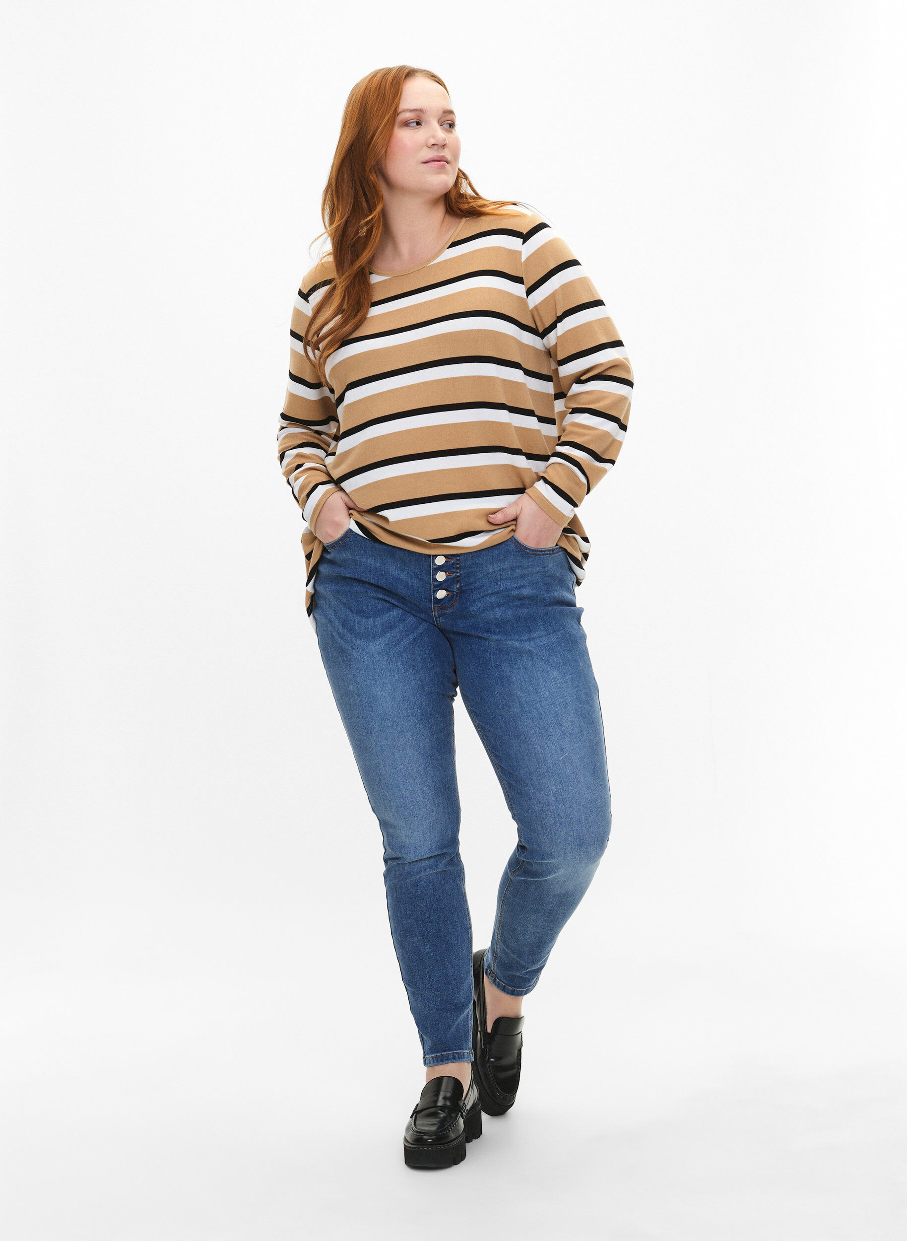 ZizziStribet bluse med lange &aelig;rmer, Sort, Model image number 1