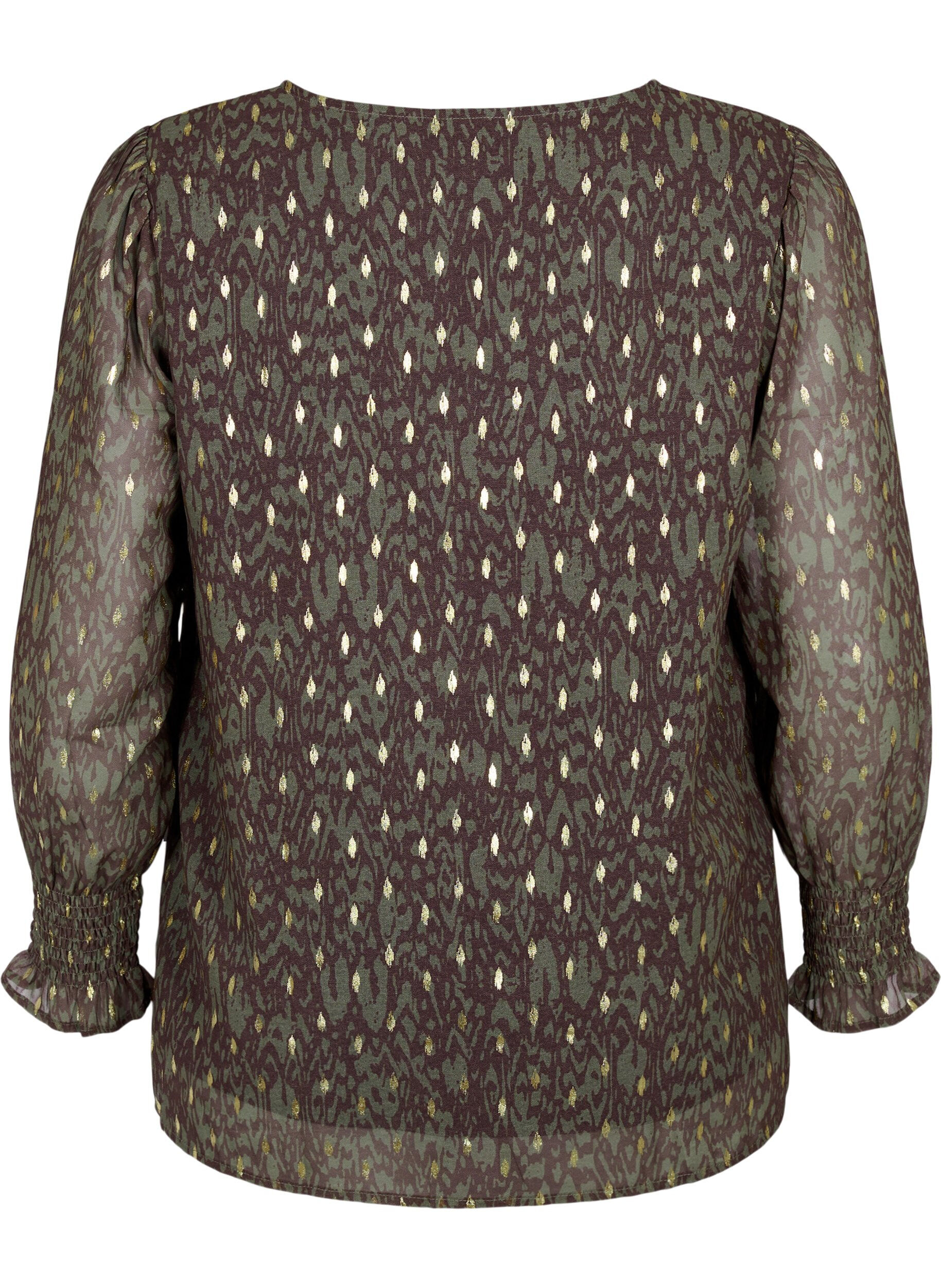 Zizzi Bluse med print og lange &aelig;rmer, Green Ethnic AOP, Packshot image number 1