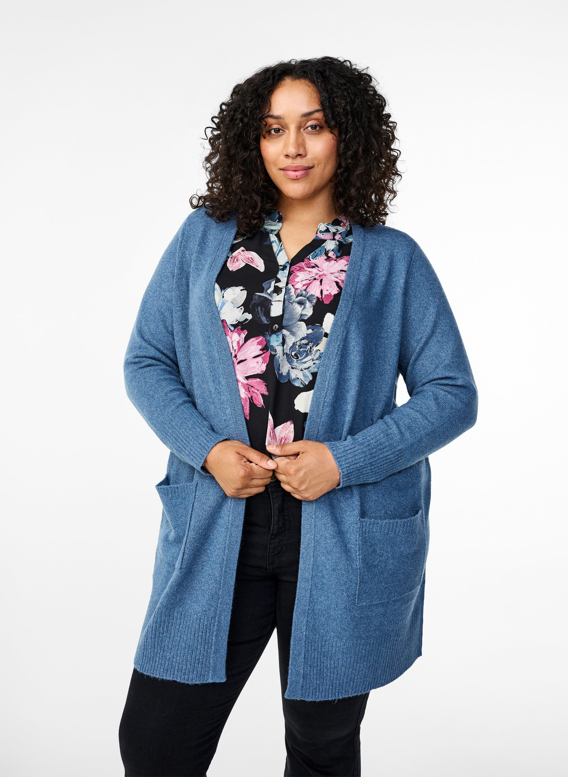 ZizziMeleret strik cardigan med lommer, Bl&aring;, Model image number 0
