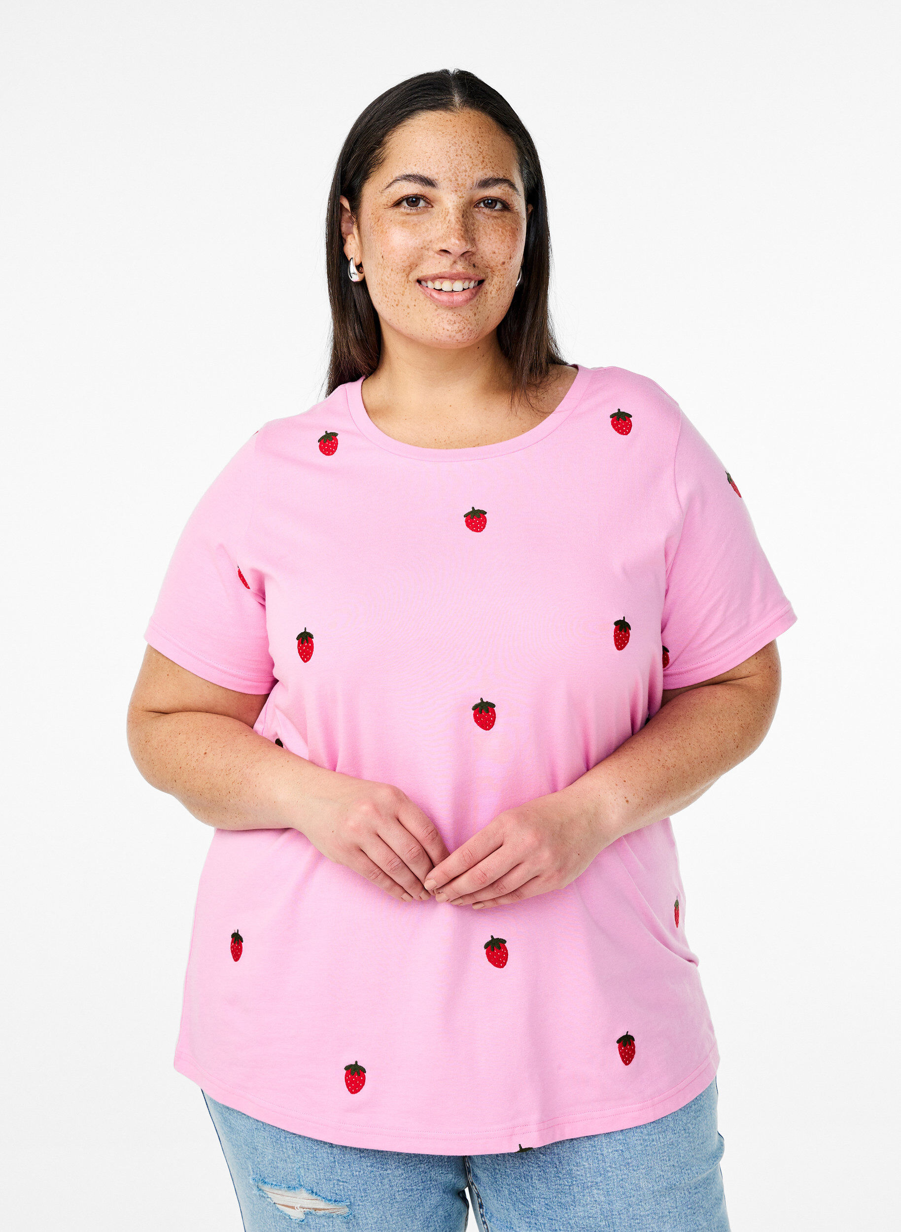 Zizzi T-shirt i &oslash;kologisk bomuld med broderede motiver, Lyser&oslash;d, Model image number 0