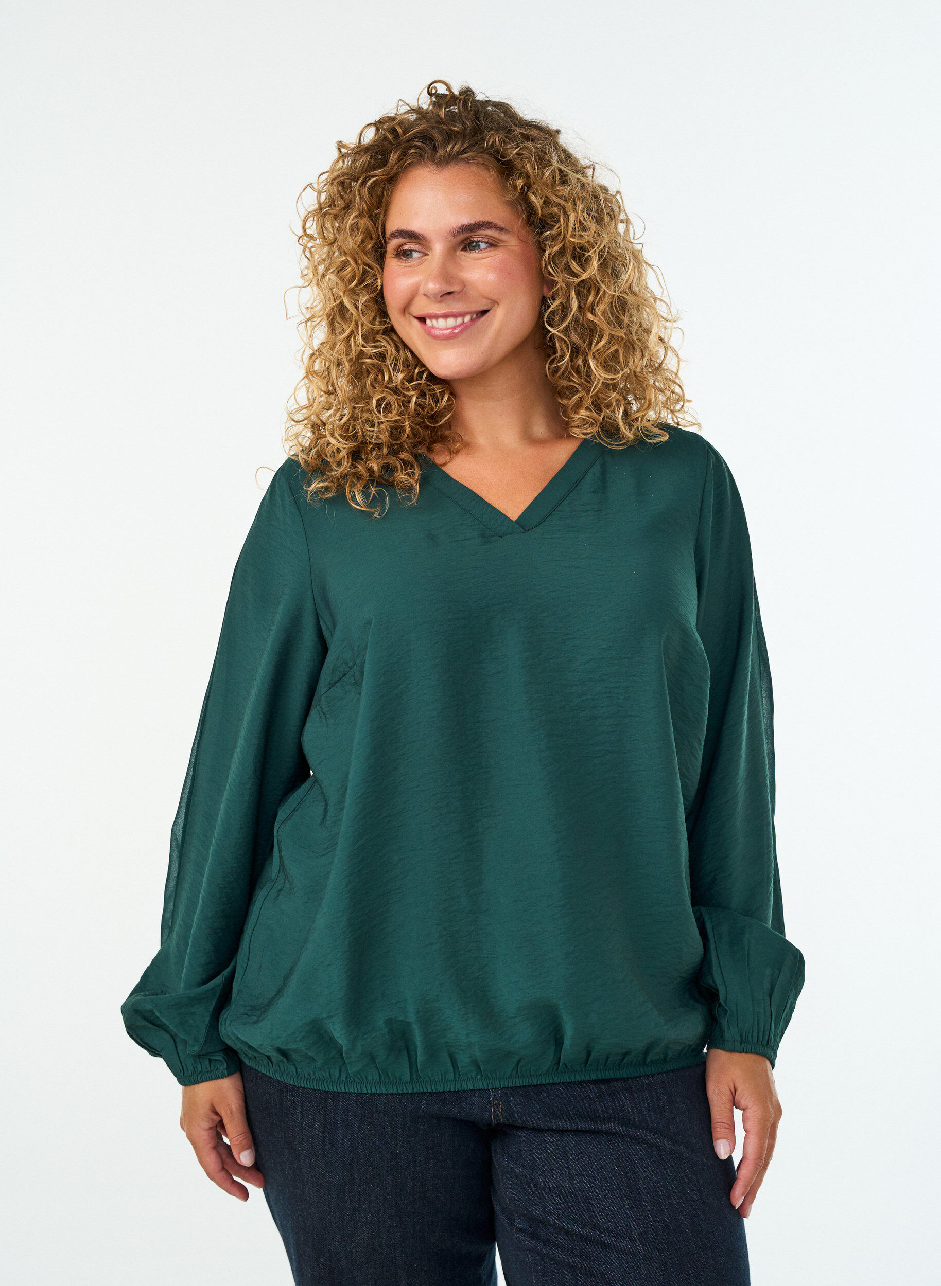Bluse med balloneffekt og chiffondetaljer, Gr&oslash;n, Model