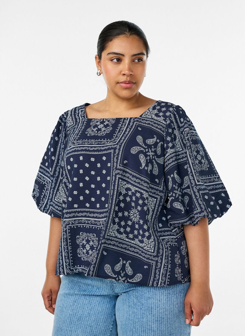 Bluse i viskose med paisleyprint og ballon&aelig;rmer, Bl&aring;, Model image number 0