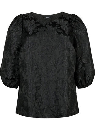 Bluse i jacquard med 3/4 ærmer, Black, Packshot image number 0