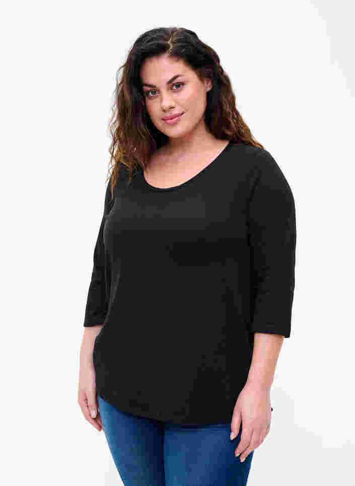 Basis bomulds t-shirt med 3/4 ærmer, Black, Model image number 0