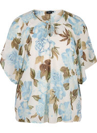 Printet bluse med bindesnøre og korte ærmer, Cloud Dancer Flower 