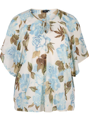 Printet bluse med bindesnøre og korte ærmer, Cloud Dancer Flower , Packshot image number 0