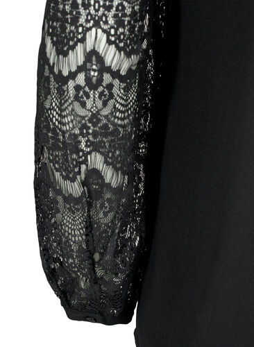 Langærmet bluse med blonder, Black, Packshot image number 3