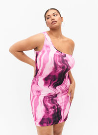 Tætsiddende one-shoulder kjole med print, Raspberry Rose AOP, Model