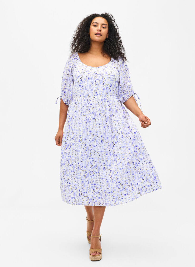 Sommerkjole med blomsterprint og snøredetaljer, Sand Verbena AOP, Model image number 0