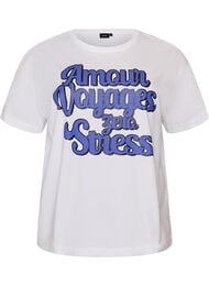 T-shirt i bomuld med korte &aelig;rmer og print, Hvid