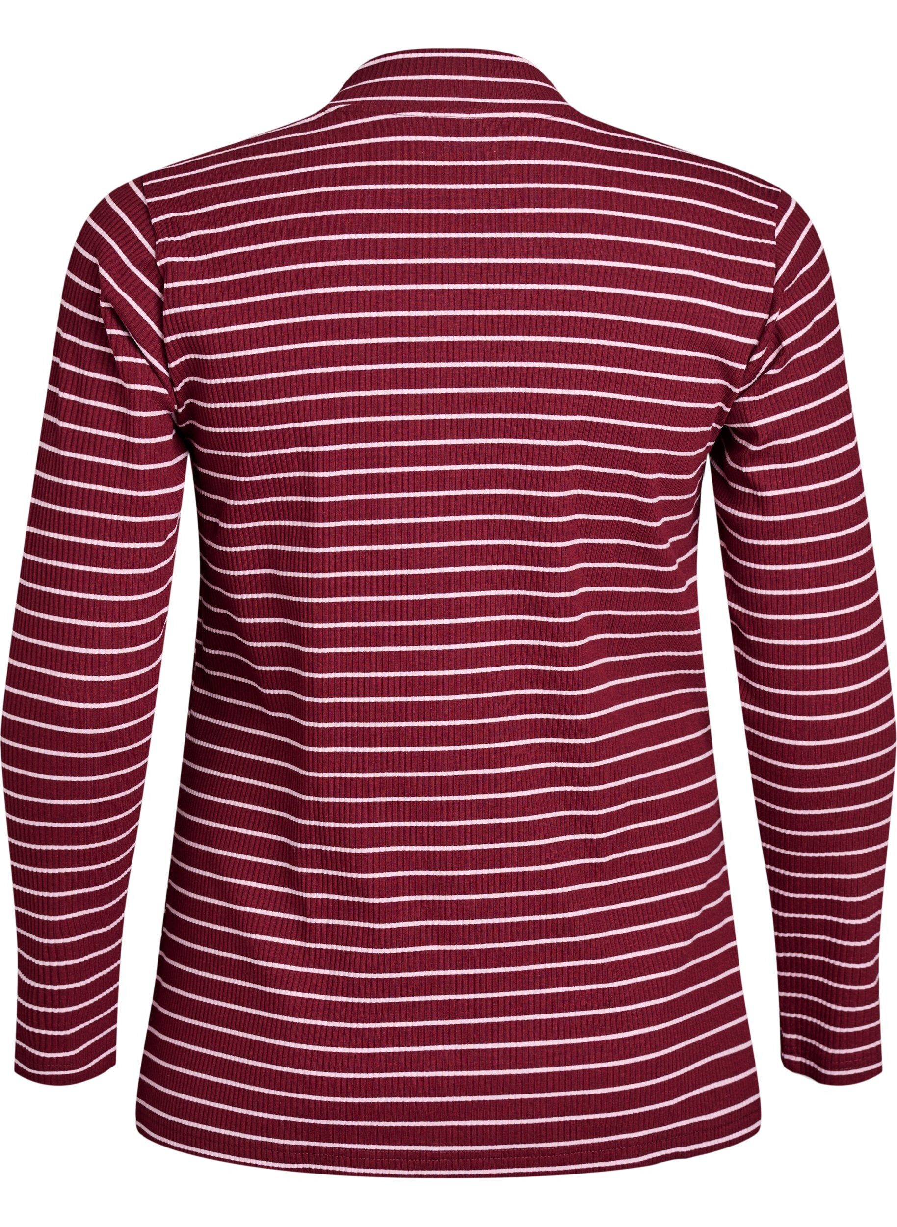 Zizzi Stribet jerseybluse i ribkvalitet med h&oslash;j hals, M&oslash;rk Bordeaux, Packshot image number 1