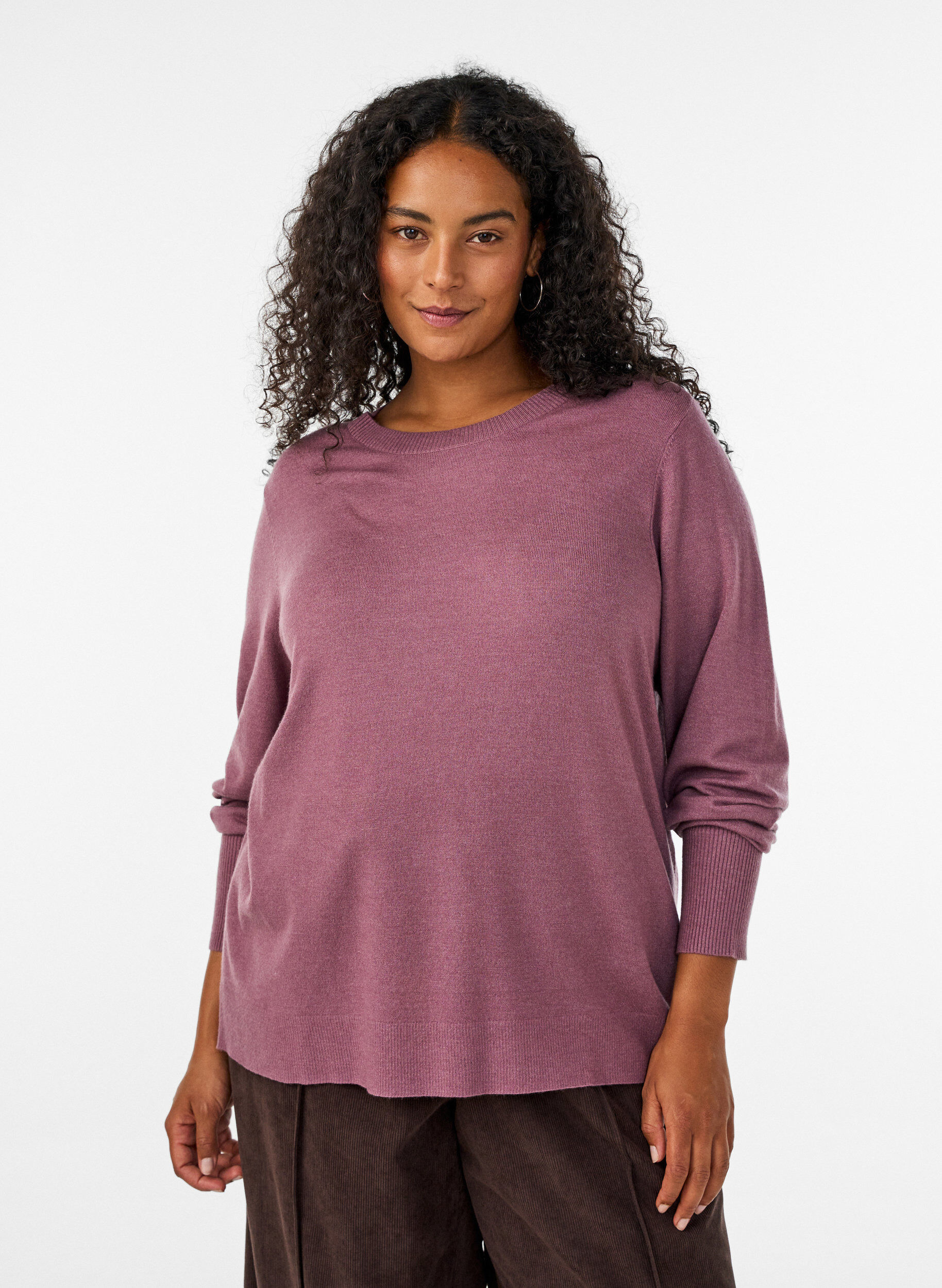ZizziStrikbluse med rund hals, Lyser&oslash;d, Model image number 0