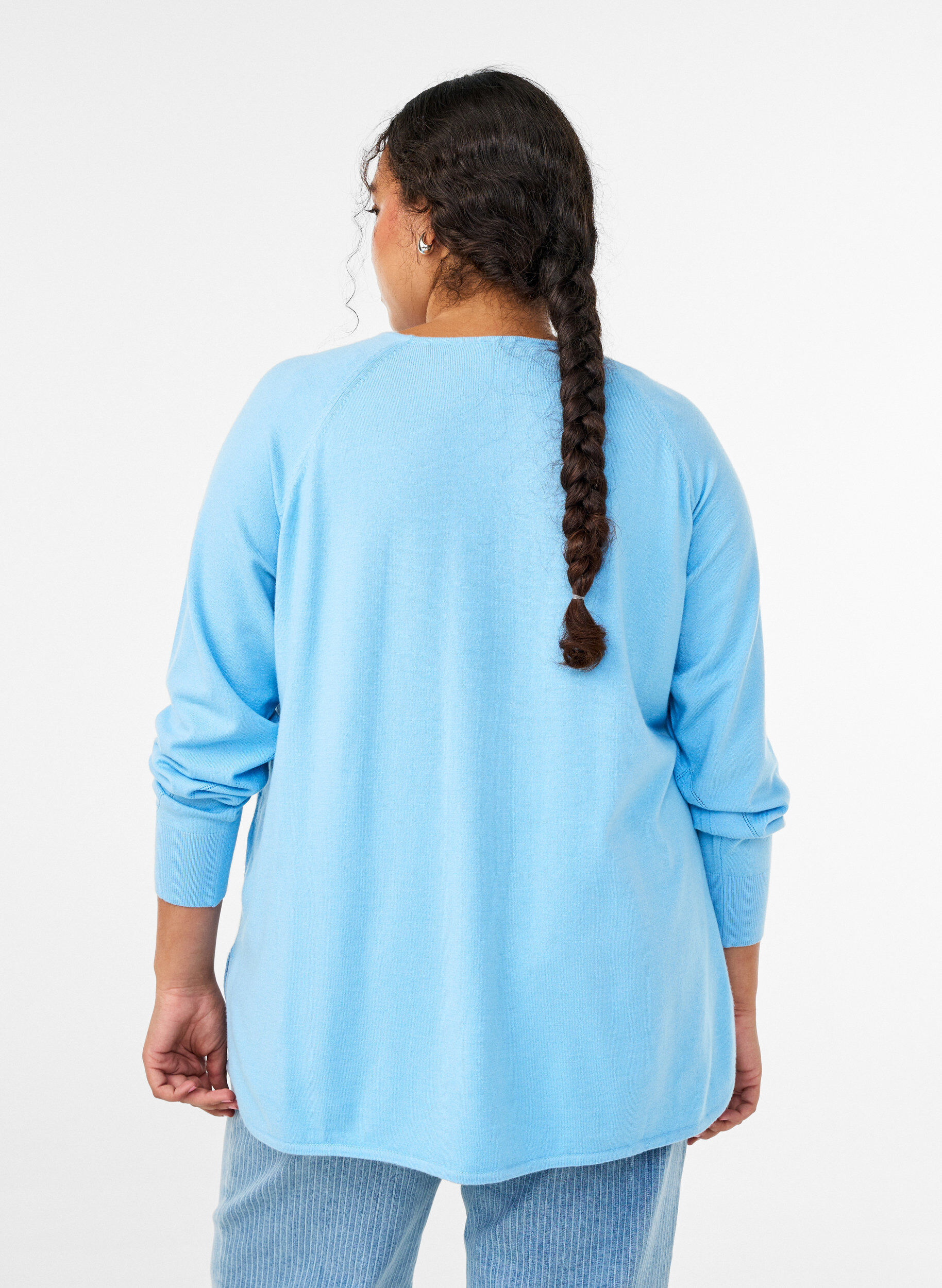 Zizzi Strikbluse med rund hals og strikket m&oslash;nster, Bl&aring;, Model image number 2