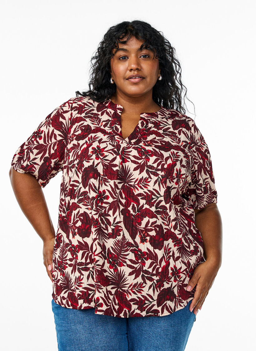 Blomstret bluse med korte ærmer, Rød, Model image number 0