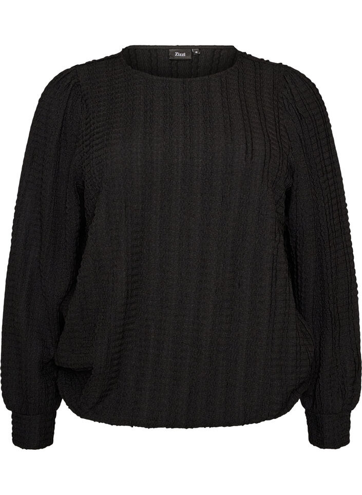 Jerseybluse med struktur og ballonform, Sort, Packshot image number 0