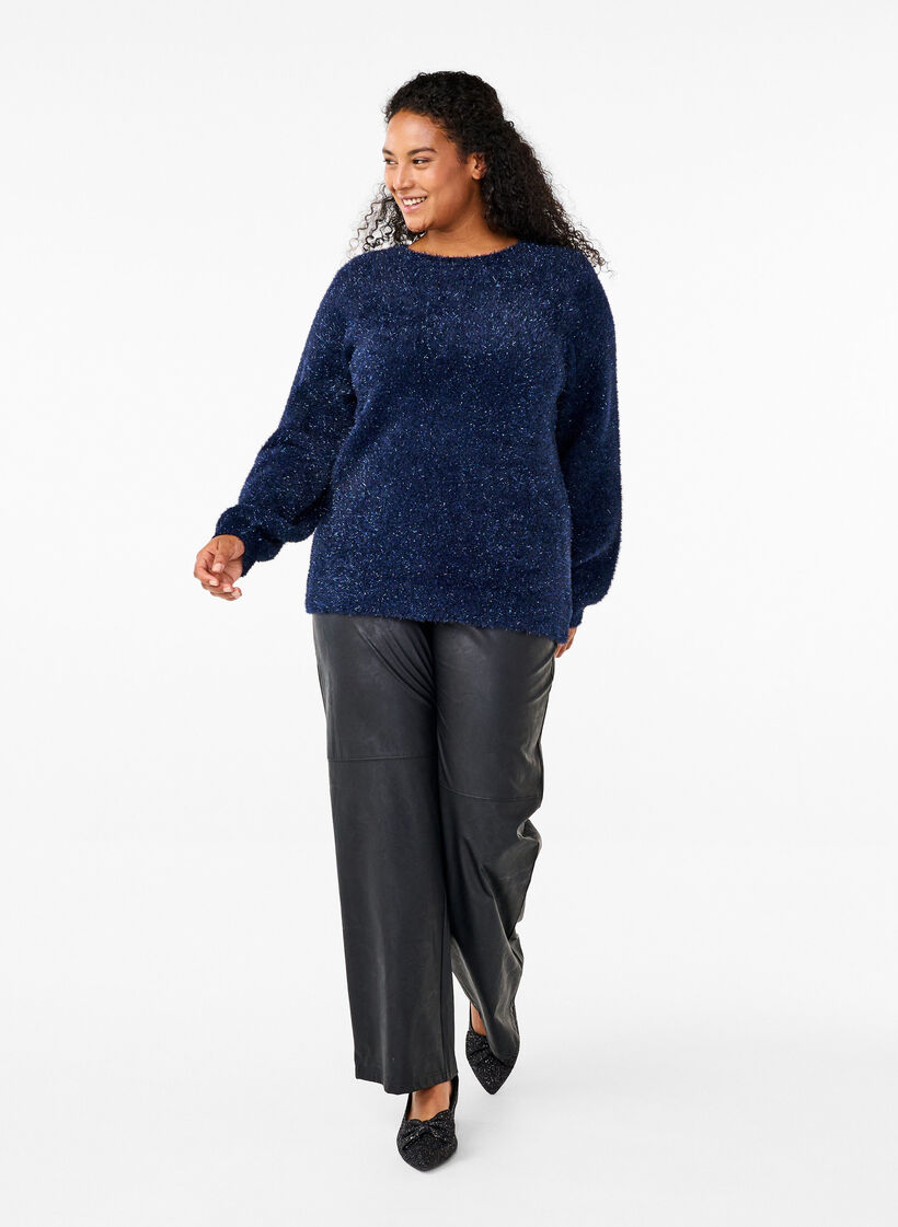 Strikbluse med glittertråd, Blå, Model image number 1