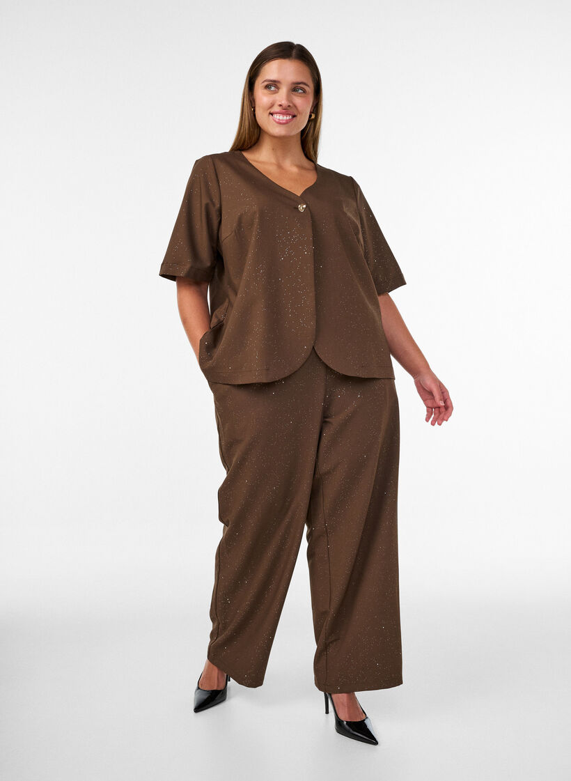 Bluse med glimmer og V-udsk&aelig;ring, Brun, Model image number 1