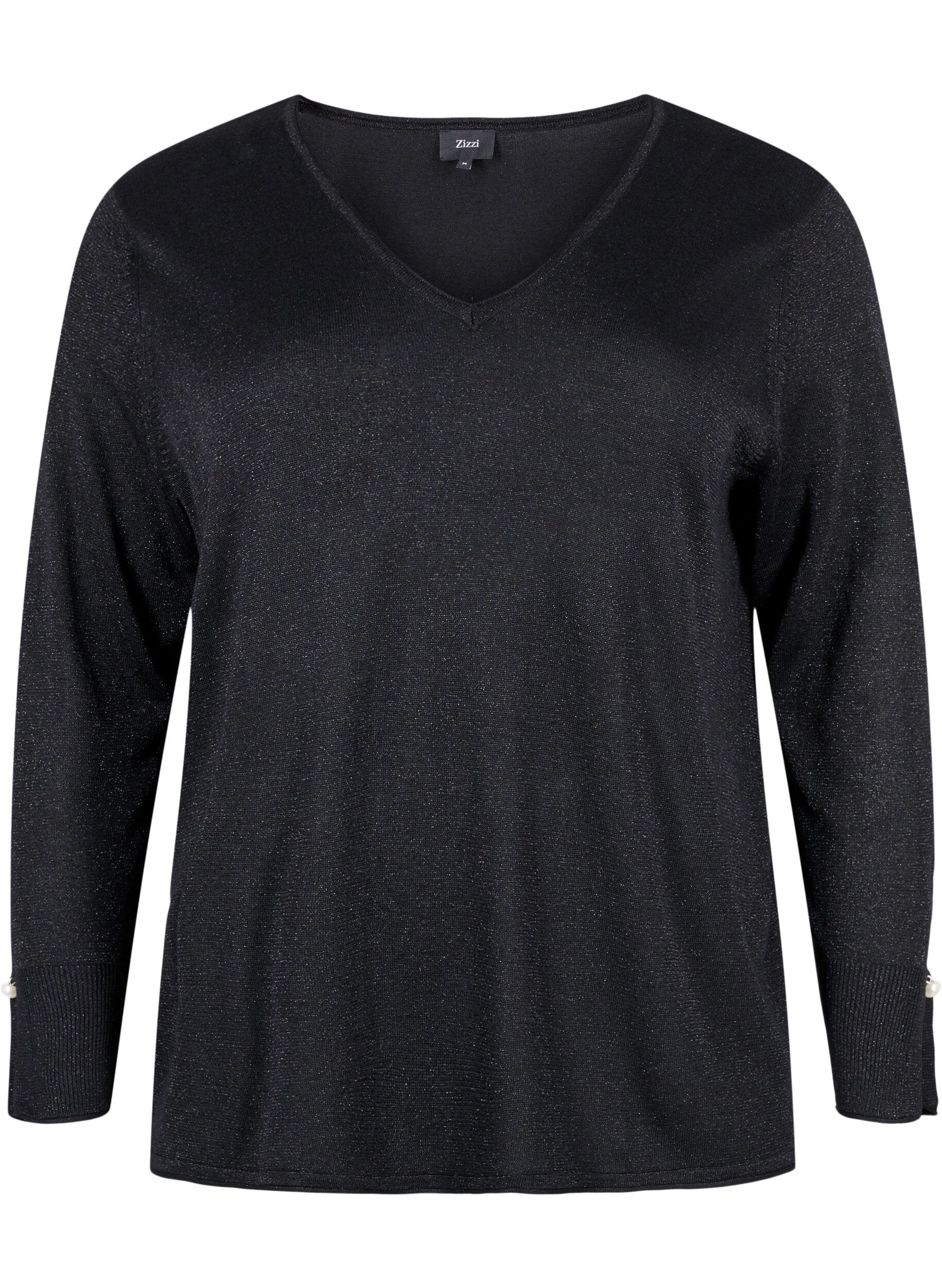 Zizzi Viskose strikbluse med glimmer, Black w. DTM Lurex, Packshot image number 0