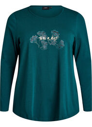 Natbluse i bomuld med frontmotiv, Turkis