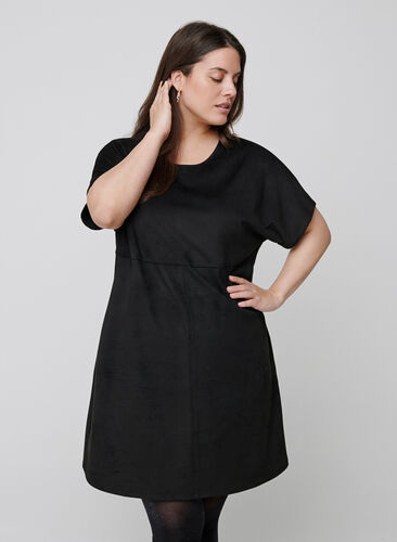 Kortærmet kjole i imiteret ruskind, Black, Model image number 0