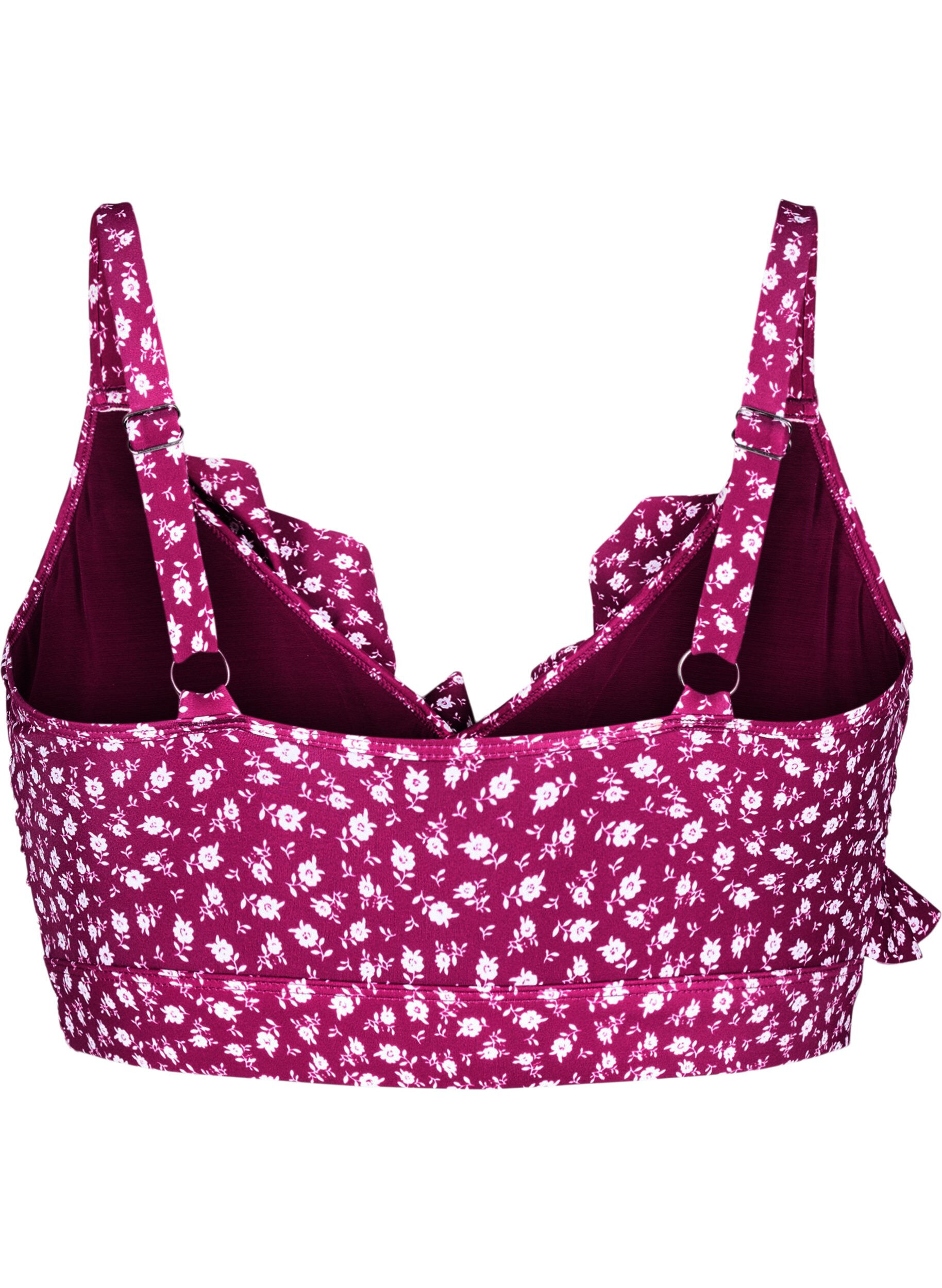 ZizziBlomstret bikini bh med fl&aelig;sedetaljer, R&oslash;d, Packshot image number 1