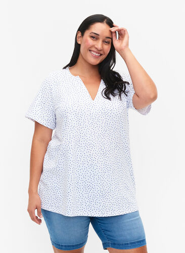 Bomulds t-shirt med prikker og v-hals, B.White/S.T.W Dot, Model image number 0
