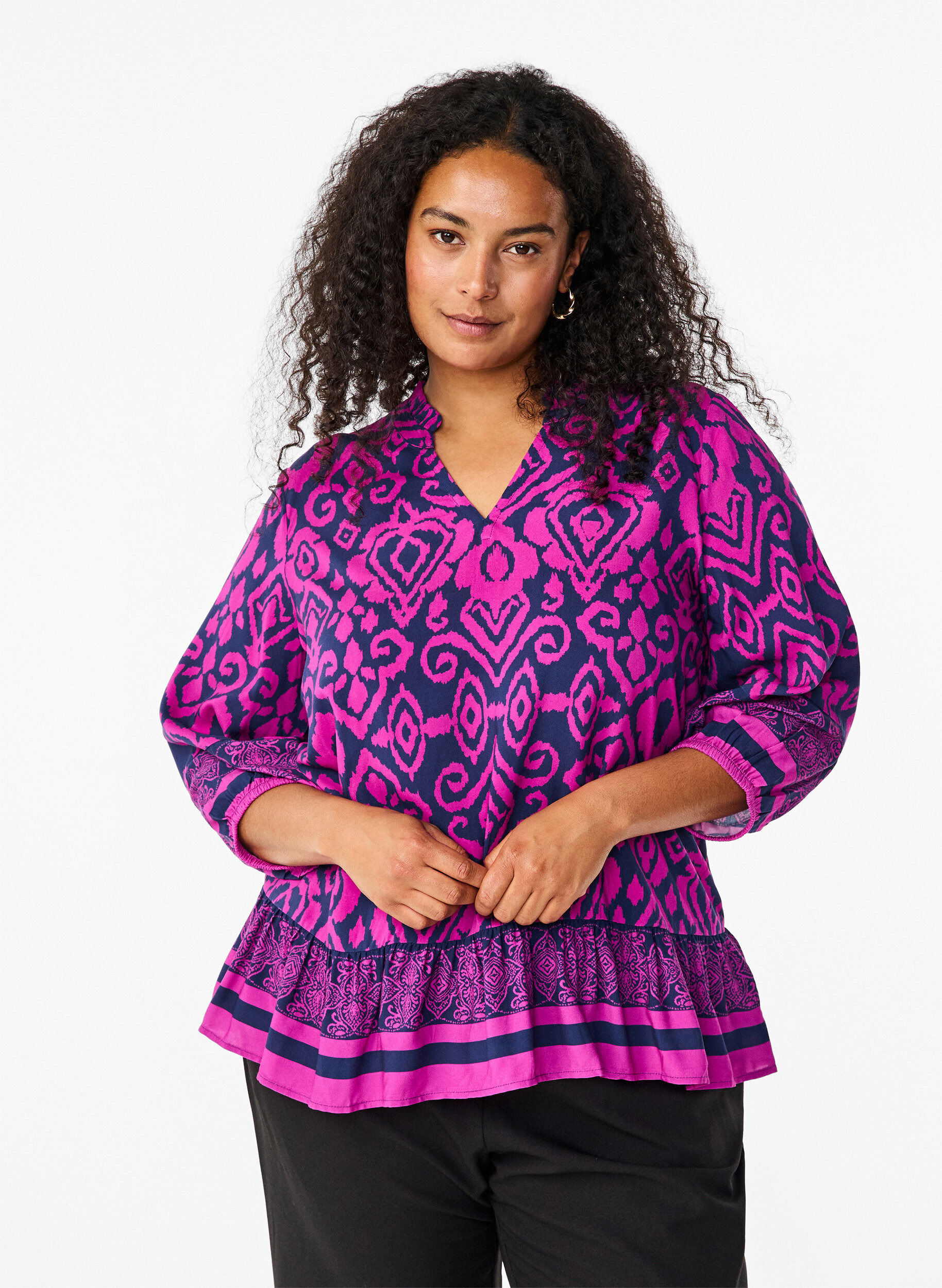 Zizzi Bluse med print og 3/4 &aelig;rmer, Bl&aring;, Model image number 0