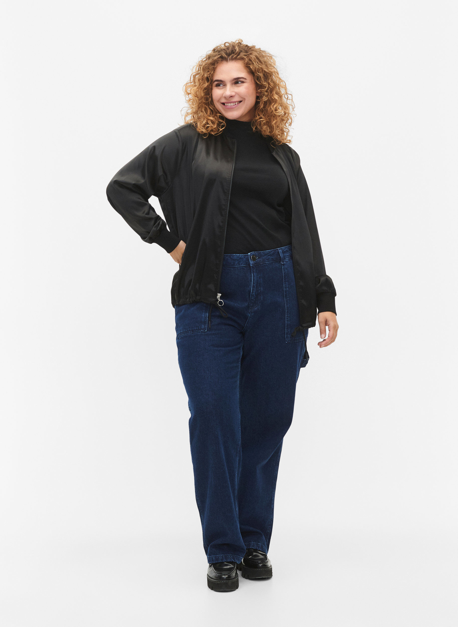 Zizzi Bomberjakke med lynl&aring;s og sn&oslash;re, Black, Model image number 2