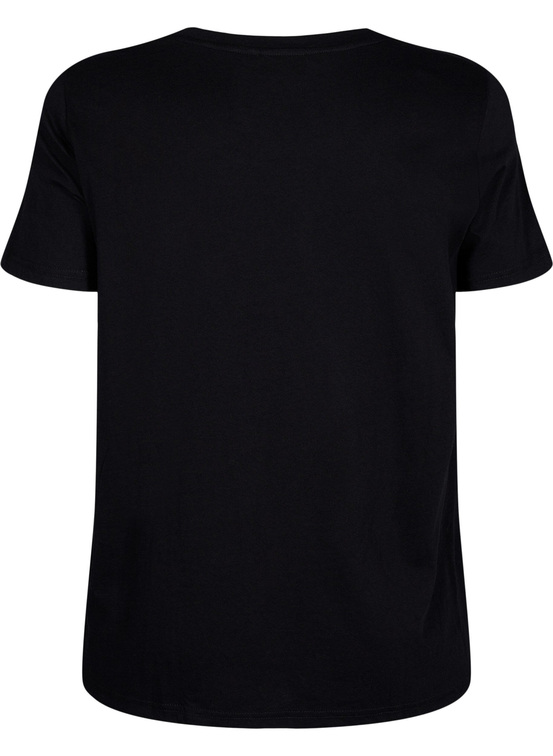 Zizzi T-shirt i bomuld med guldfarvet tekst , Black w. Gold Love, Packshot image number 1