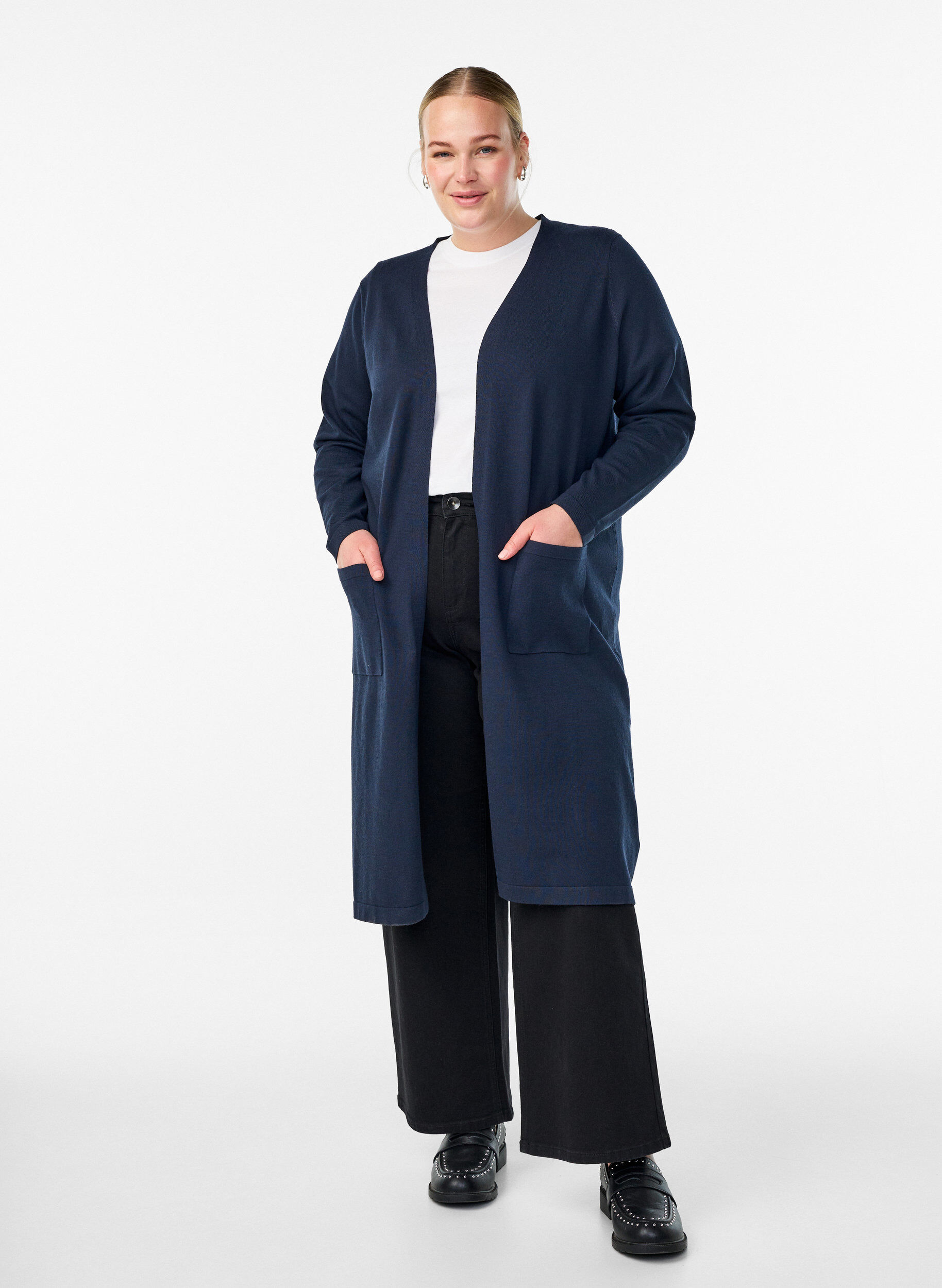 ZizziLang, &aring;ben cardigan med lommer, Bl&aring;, Model image number 0