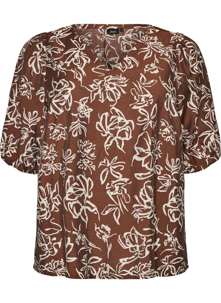 Viskosebluse med V-udsk&aelig;ring, Brun, Packshot image number 0