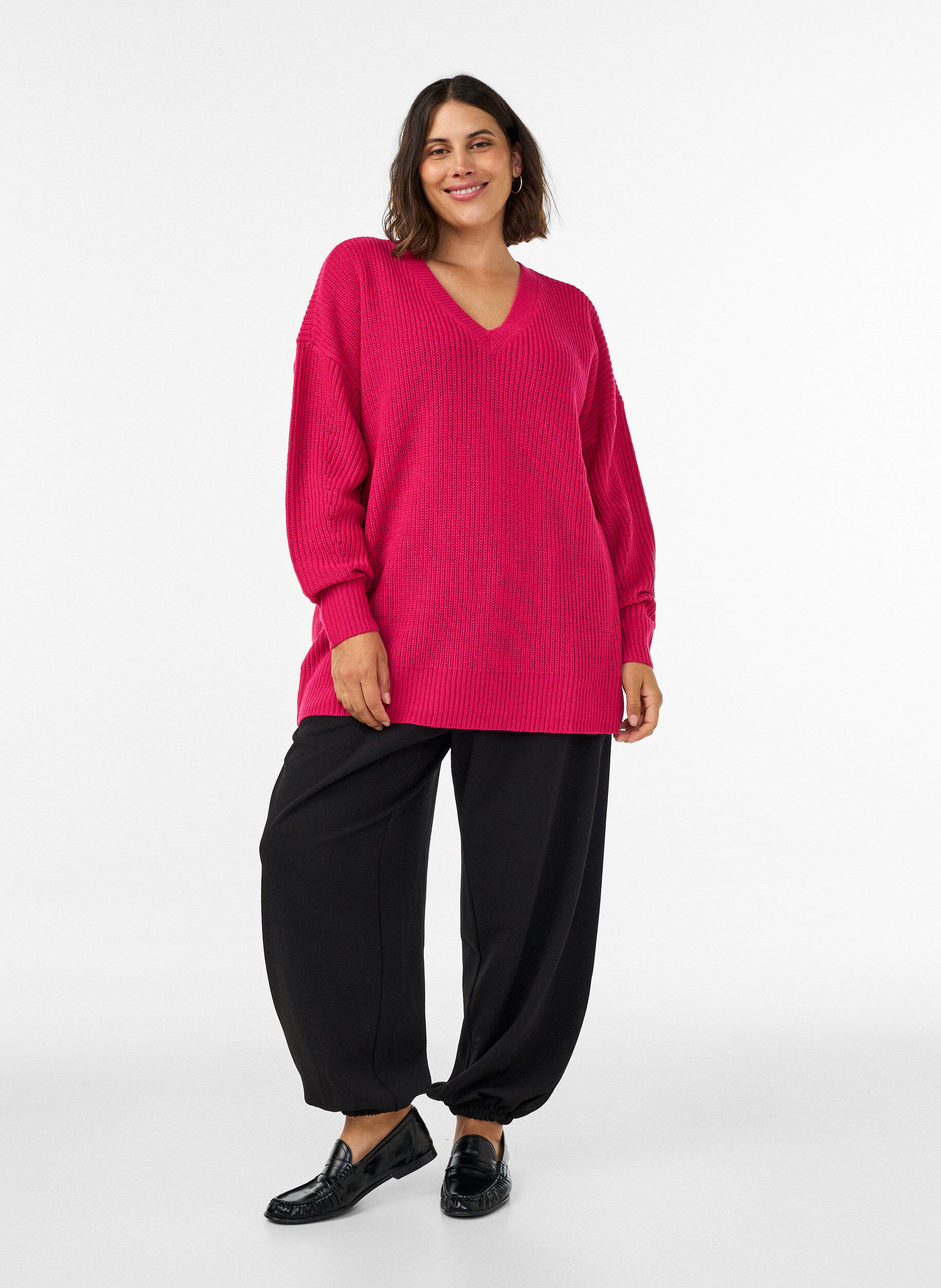 ZizziLang ribstrikket bluse med V-hals, Lyser&oslash;d, Model image number 1