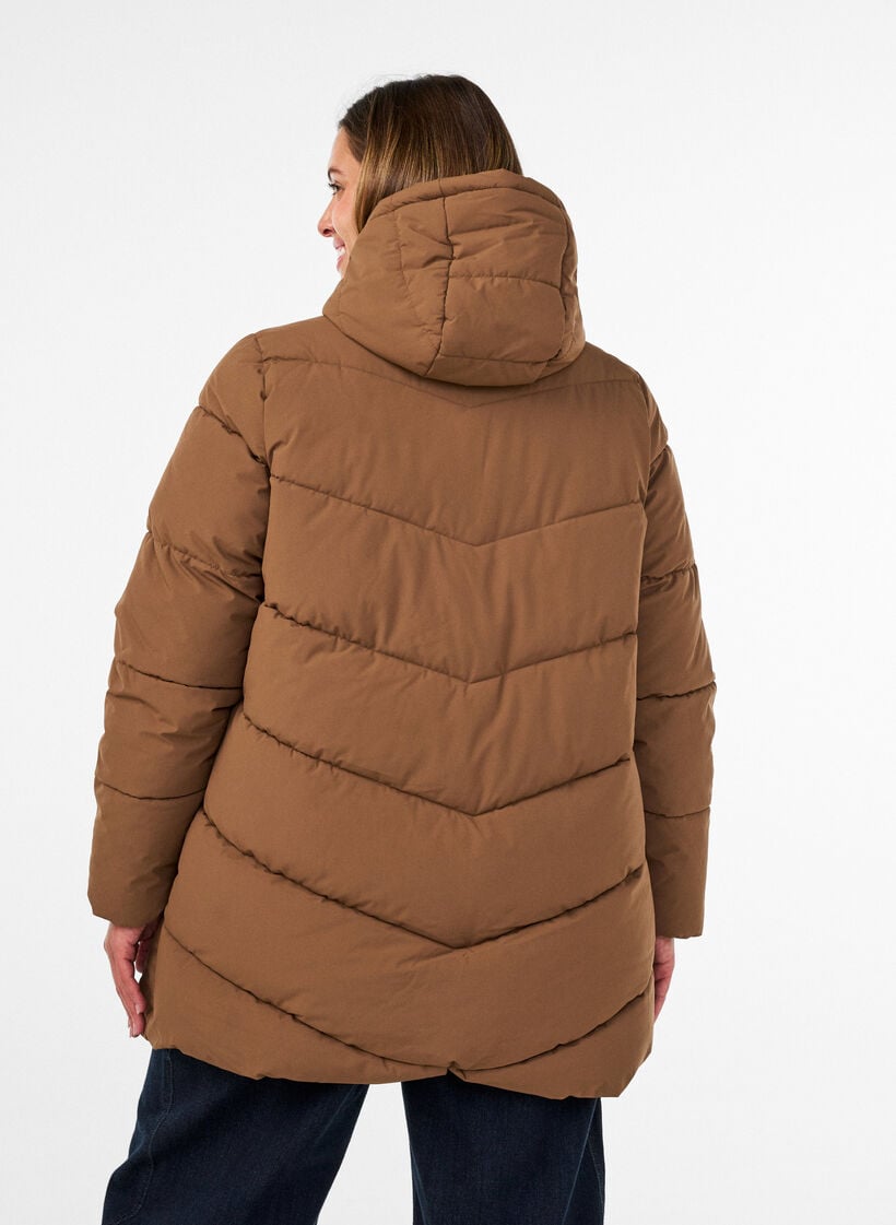 Mellemlang pufferjakke med h&aelig;tte, Brun, Model image number 2