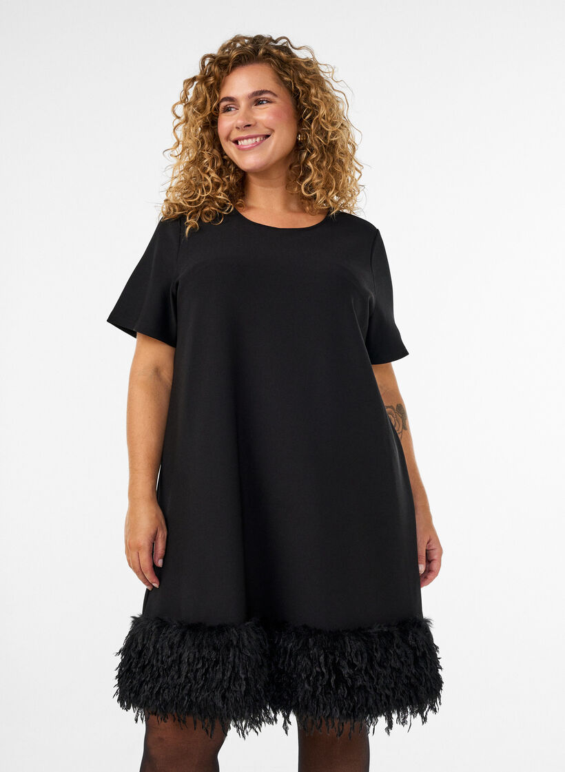 Kort jerseykjole med fjerkant, Sort, Model image number 0
