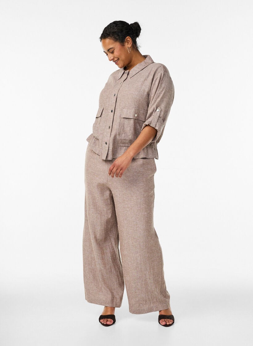 Skjortebluse i h&oslash;r og viskose med justerbar talje, Brun, Model image number 1