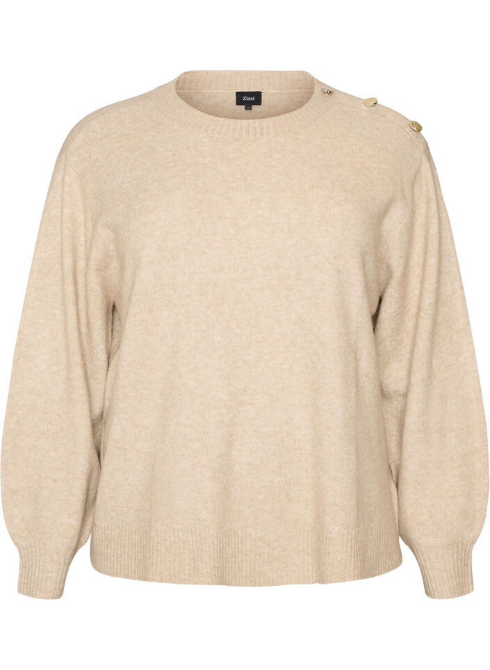 Strikbluse med knapdetalje, Beige, Packshot image number 0