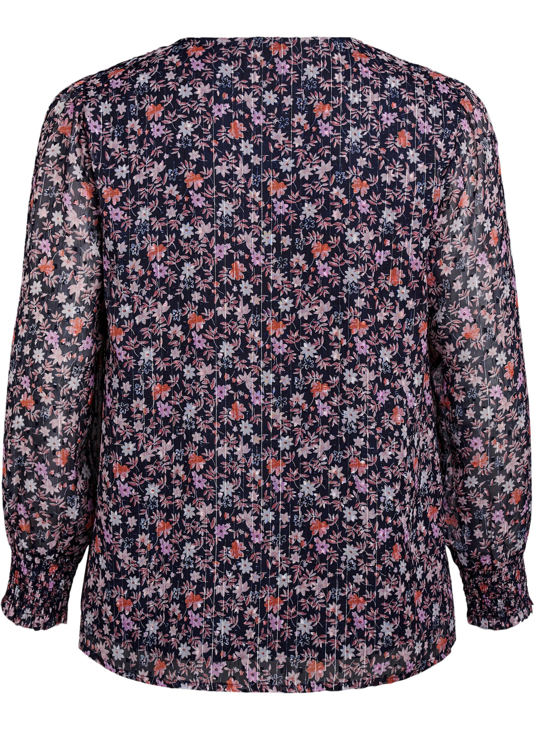 ZizziBluse med blomsterprint og glittertr&aring;d, Bl&aring;, Packshot image number 1