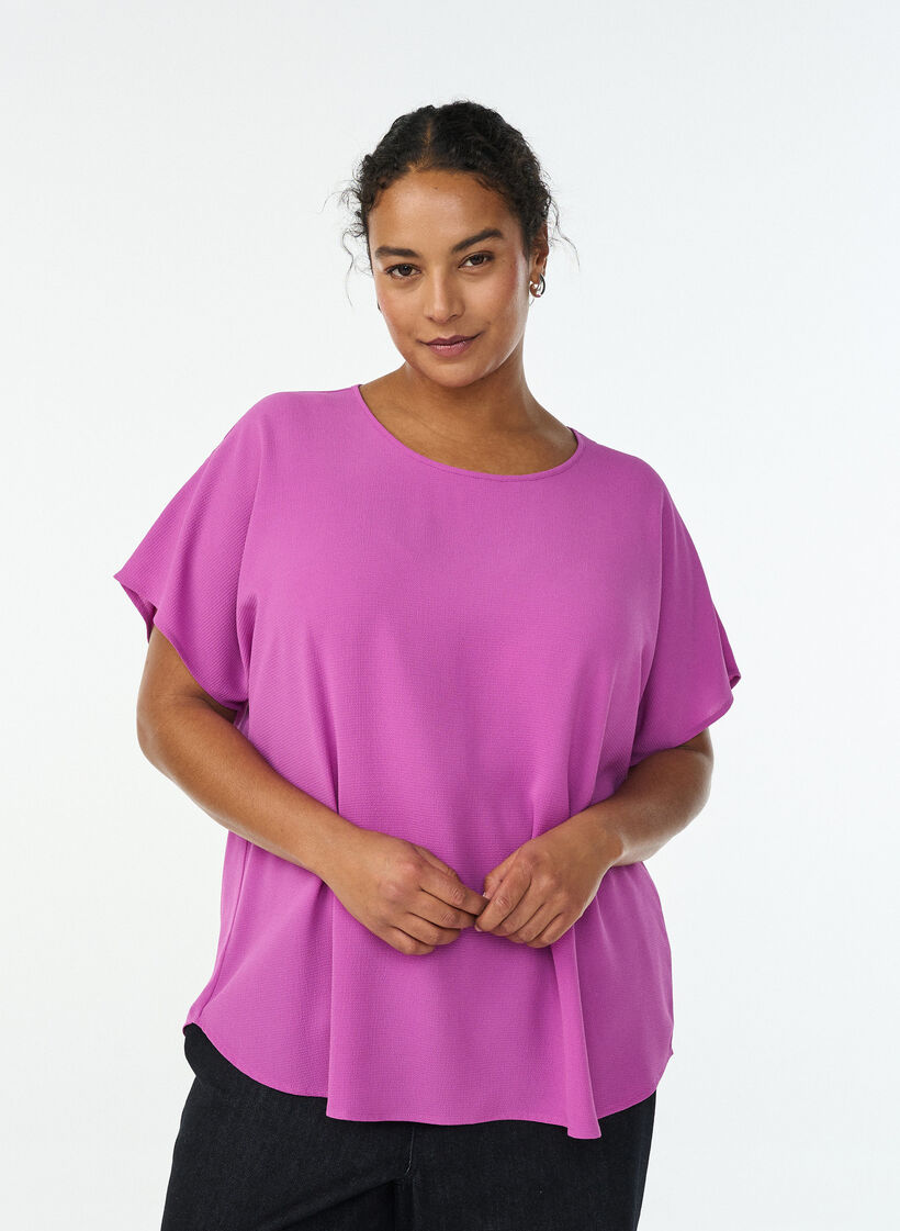 Bluse med korte &aelig;rmer og rund halsudsk&aelig;ring , Lilla, Model image number 0