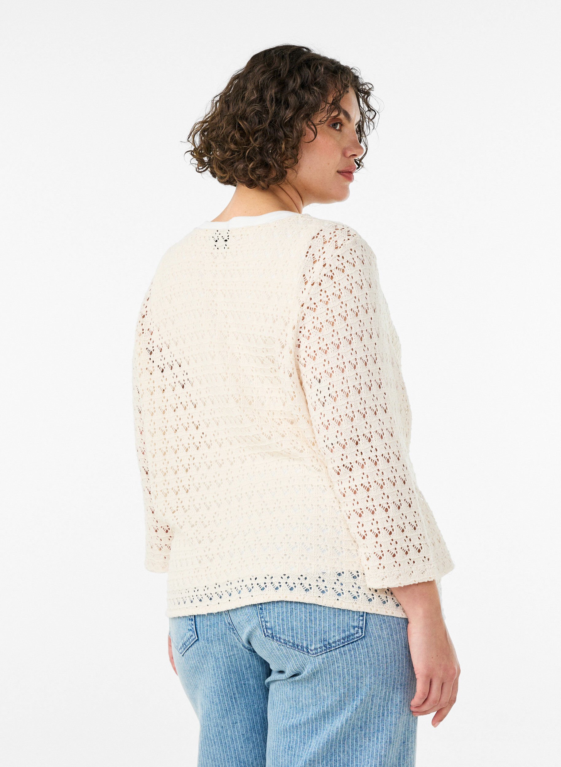 ZizziStrikket cardigan med hulm&oslash;nster og V-udsk&aelig;ring, Beige, Model image number 2