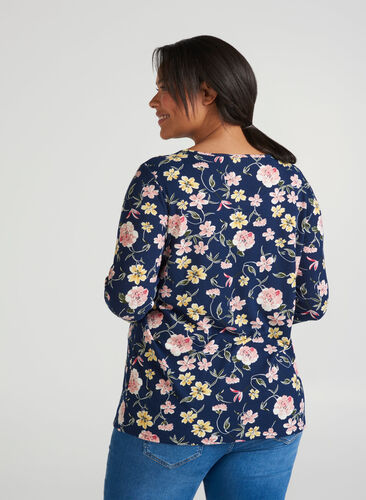 Langærmet bluse i blomsterprint, blue w rose/yellow, Model image number 0