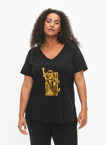 Bomulds t-shirt med pailletter, Black w. Love, Model image number 0
