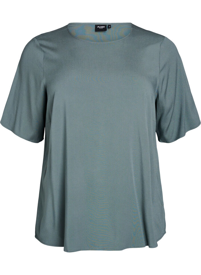 Kort&aelig;rmet v&aelig;vet bluse med rund hals, Gr&oslash;n, Packshot image number 0