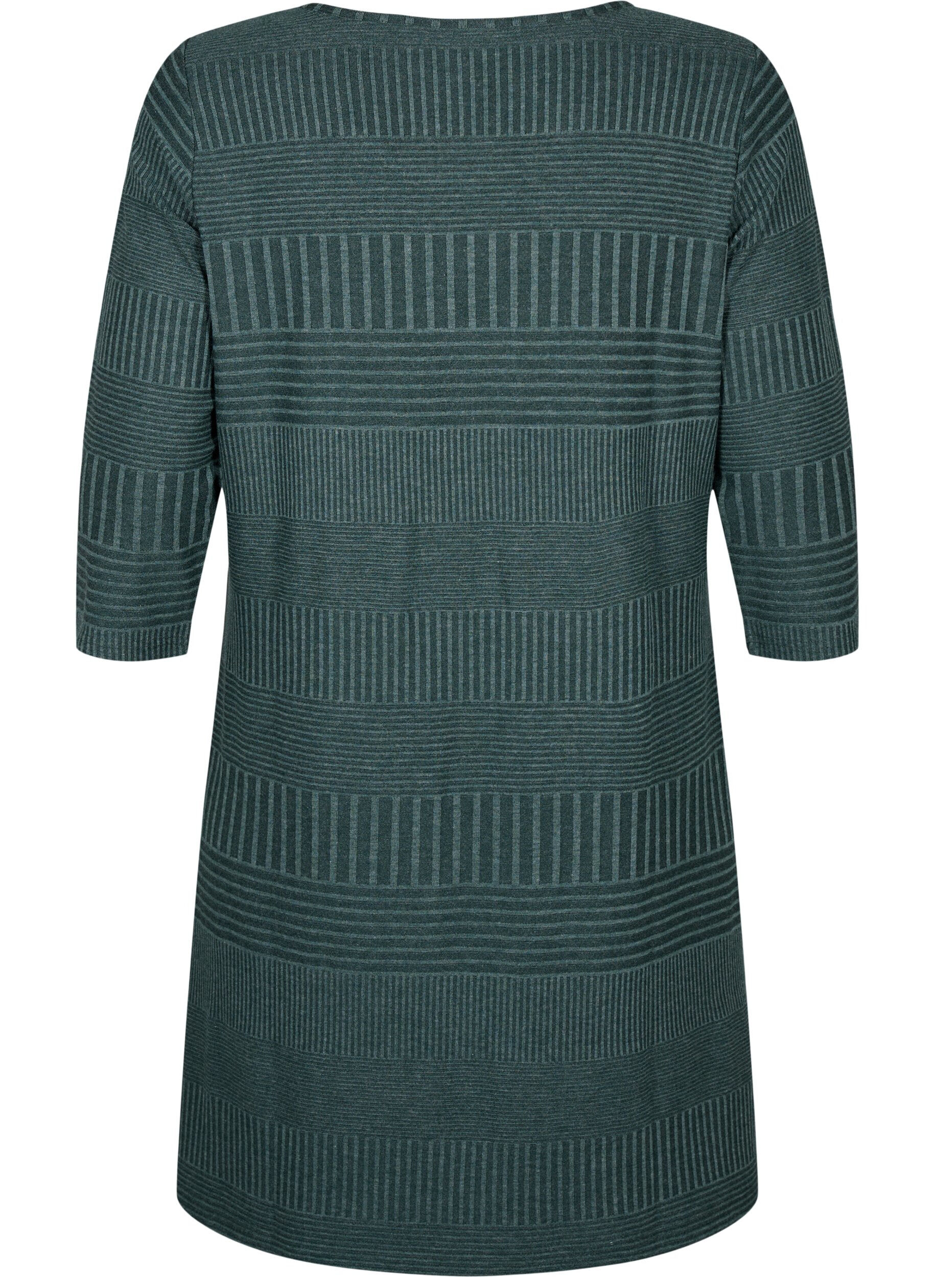 Zizzi Kjole med 3/4 &aelig;rmer og stribet m&oslash;nster, Scarab Melange, Packshot image number 1